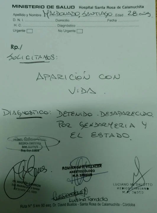 Original pedido de aparición con vida de Santiago Maldonado