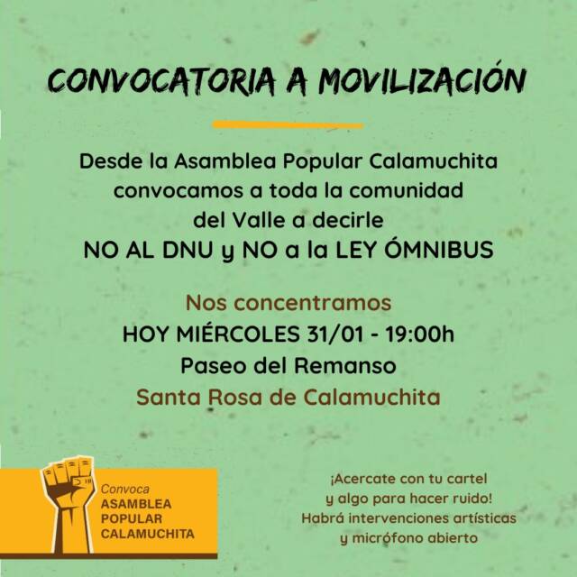 En Calamuchita, también le dicen NO AL DNU y NO A LA LEY ÓMNIBUS-La Ola Digital