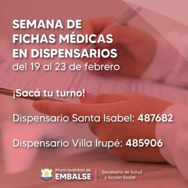 Ya hay fecha para las fichas médicas en Embalse