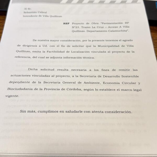 Avanza el proyecto para pavimentar la Ruta Provincial 23 entre La Cruz y Villa Quillinzo