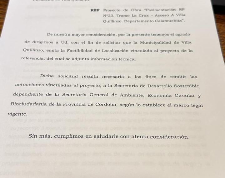 Avanza el proyecto para pavimentar la Ruta Provincial 23 entre La Cruz y Villa Quillinzo