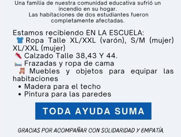 Campaña solidaria para ayudar a una familia afectada por un incendio en Villa Amancay