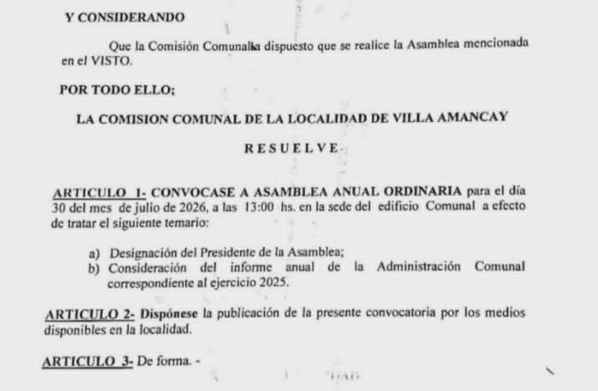 Villa Amancay convocó a la Asamblea Anual Ordinaria para tratar la Cuenta de Inversión 2025