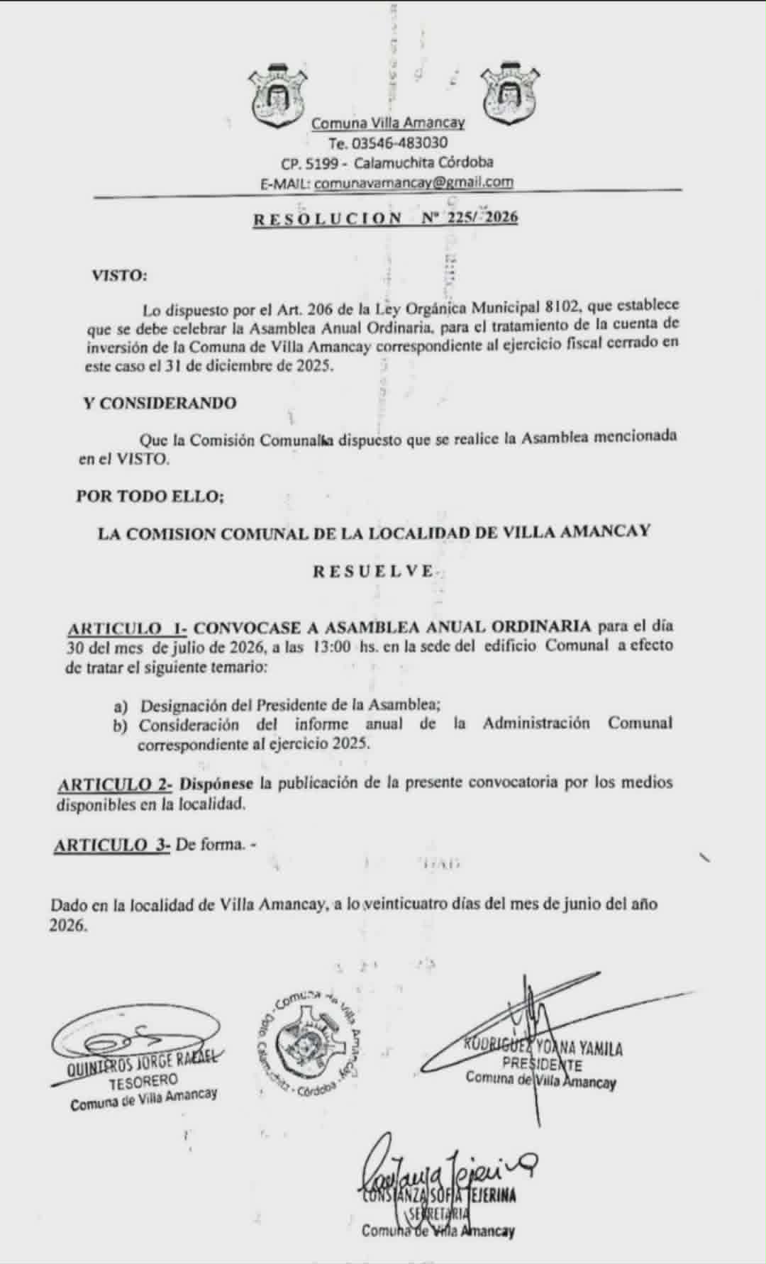 Villa Amancay convocó a la Asamblea Anual Ordinaria para tratar la Cuenta de Inversión 2025-La Ola Digital
