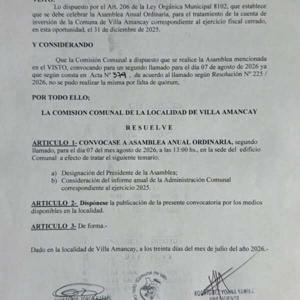 Villa Amancay convocó a la Asamblea Anual Ordinaria para el 7 de agosto