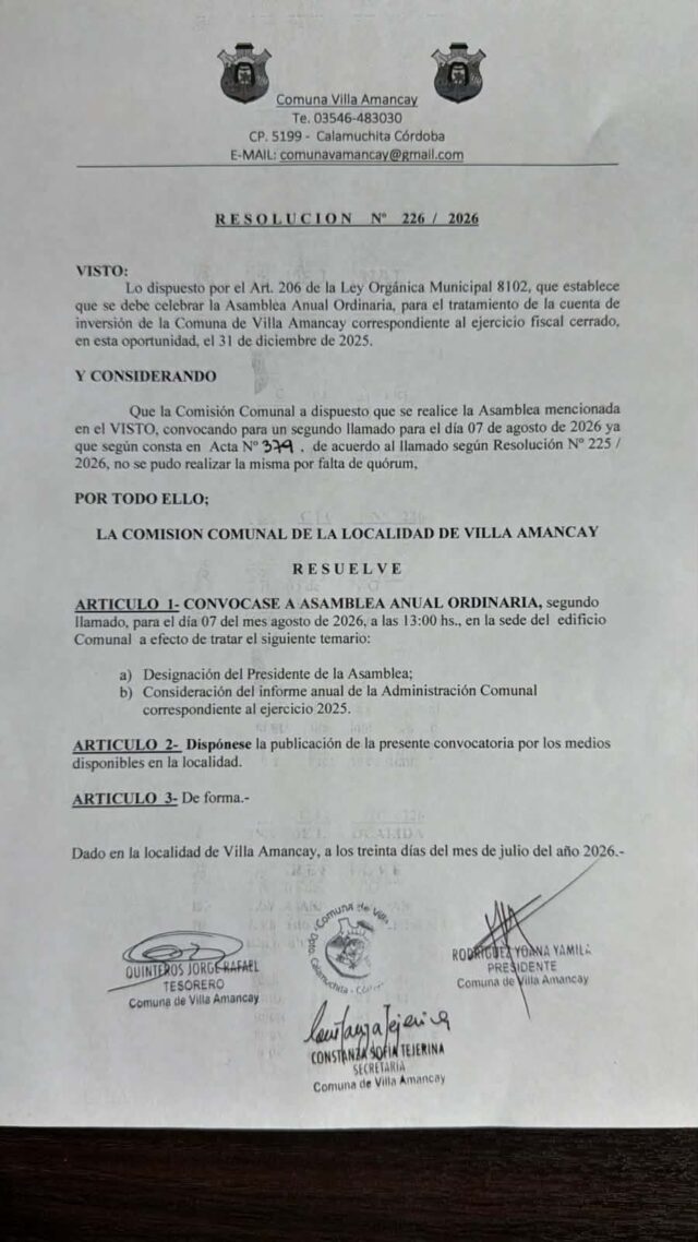 Villa Amancay convocó a la Asamblea Anual Ordinaria para el 7 de agosto-La Ola Digital
