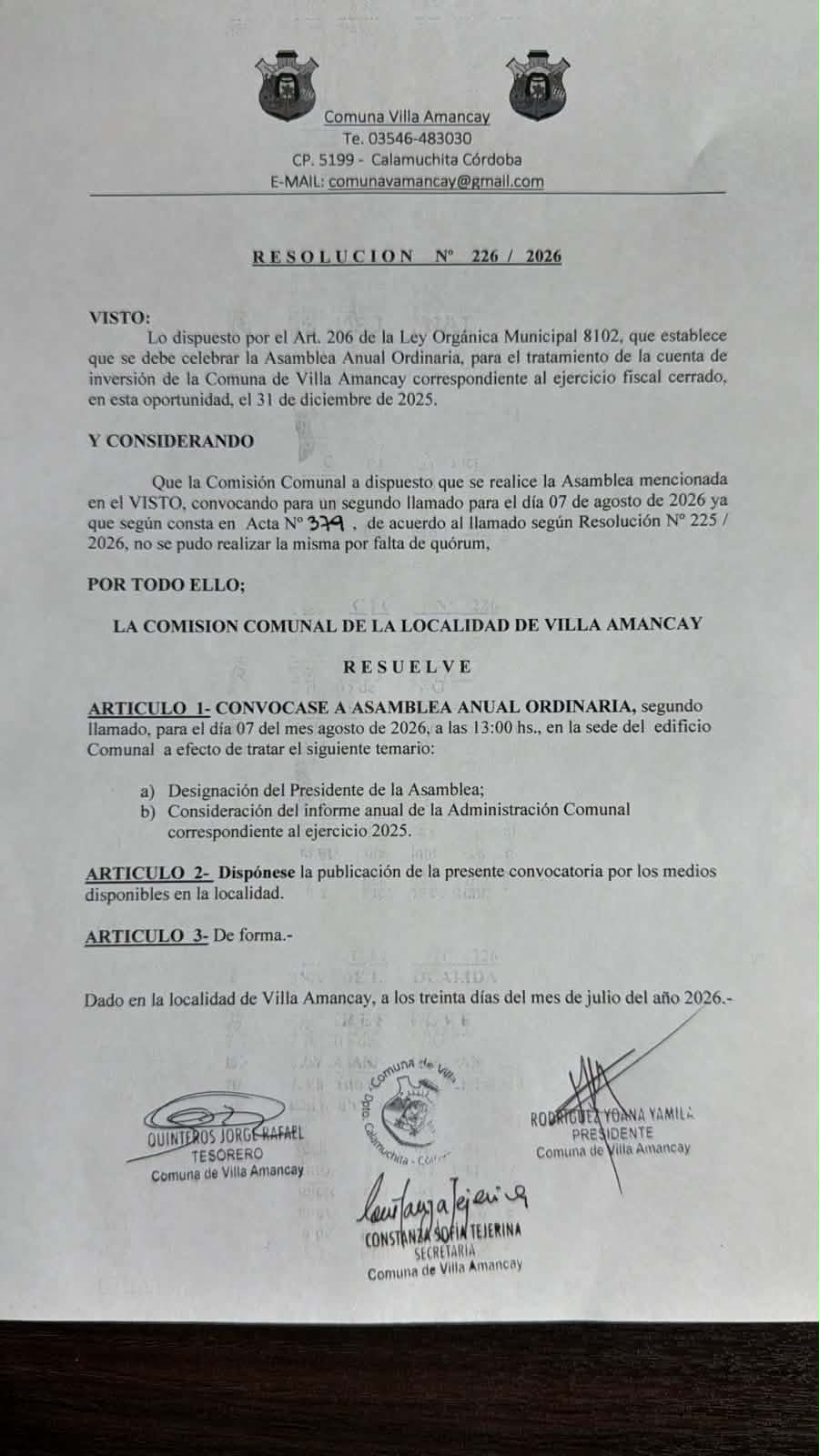 Villa Amancay convocó a la Asamblea Anual Ordinaria para el 7 de agosto-La Ola Digital