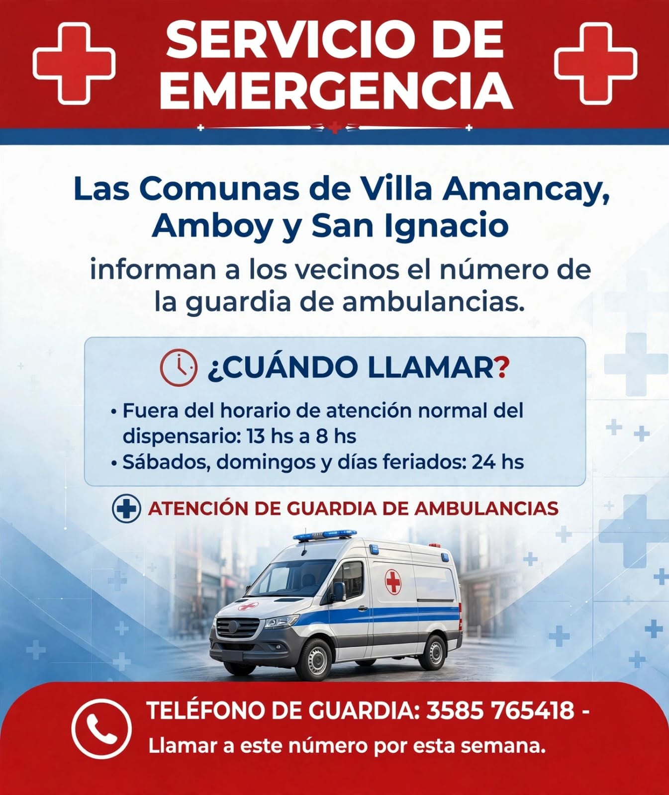 ¿A qué número de guardia de la ambulancia debo llamar en Villa Amancay, Amboy y San Ignacio?-La Ola Digital